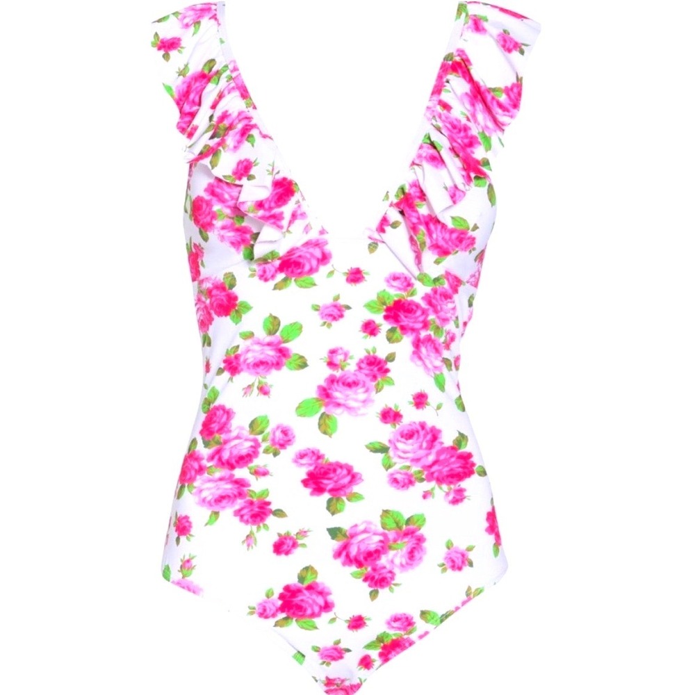 Betsey Johnson Womens White Pink Rose Floral Ruffle V-Neck One Piece Swimsuit L - Picture 3 of 6